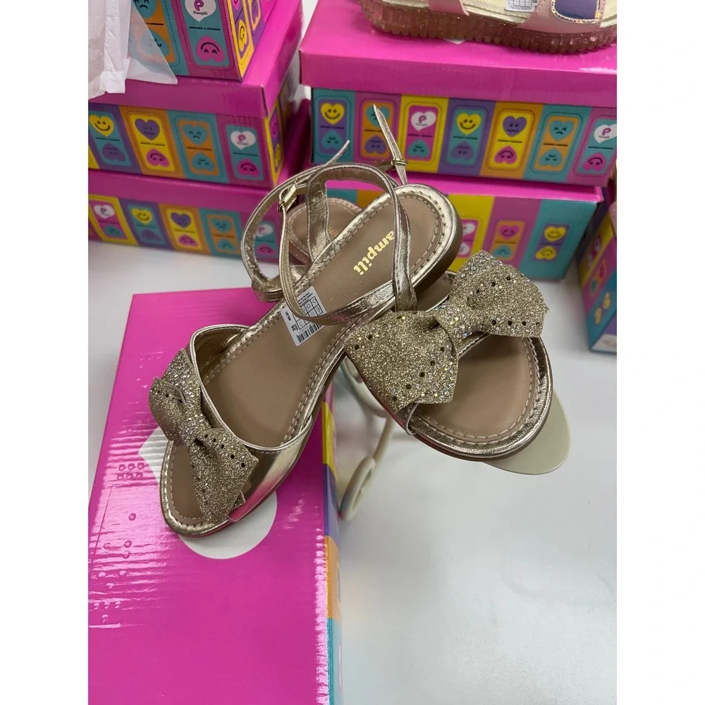 Pampili Girls Gold Metallic Glitter Bow Rhinestone Ankle Strap Dress Sandals